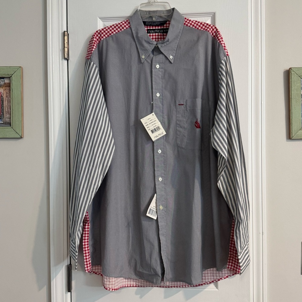 Nautical button down long sleeve men’s shirt size XL red, white , blue